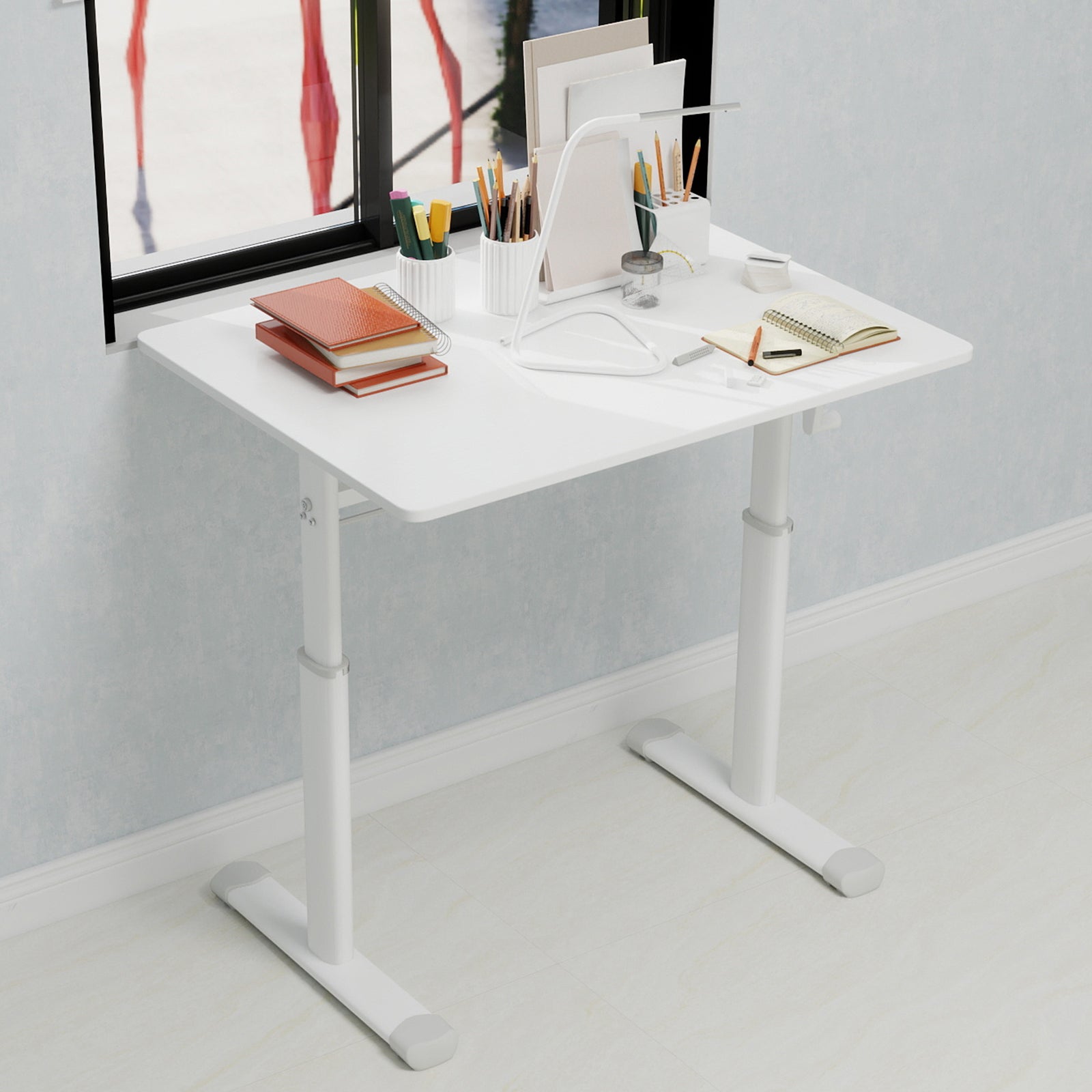 Adjustable Study Desk for Kids and Adults, Height-Adjustable Home Office Desk, White Frame with White Wood Tabletop, 60cm x 8