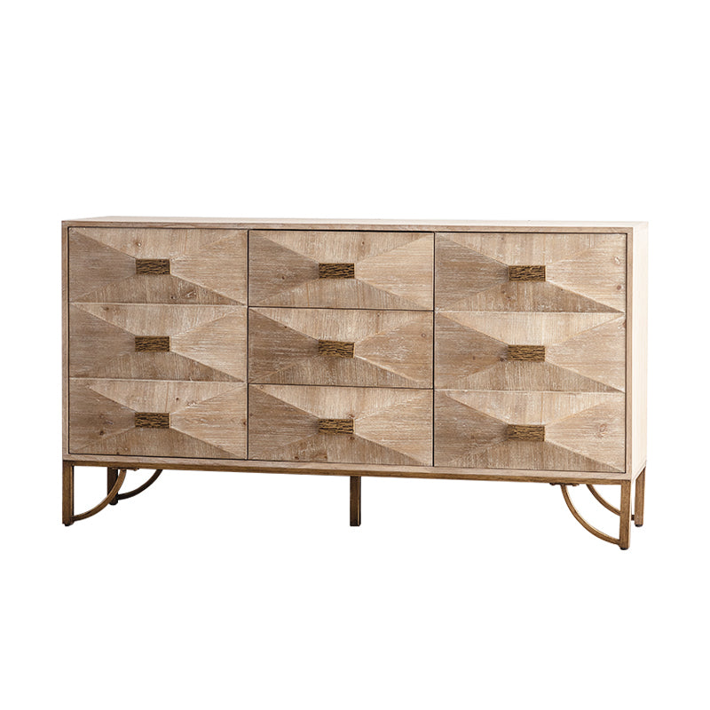 59.44' Light Wood Sideboard Buffet - 3-Drawer + 2-Door Storage Cabinet with Geometric Relief Fronts, Gold Metal Legs for Living Room/Dining Room - Grand Goldman Shop