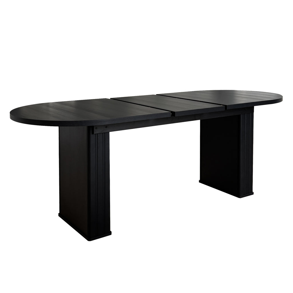 Kitchen extendable dining table for 4-8 people, oval kitchen table with wooden strip base for family living room (black) - Grand Goldman Shop