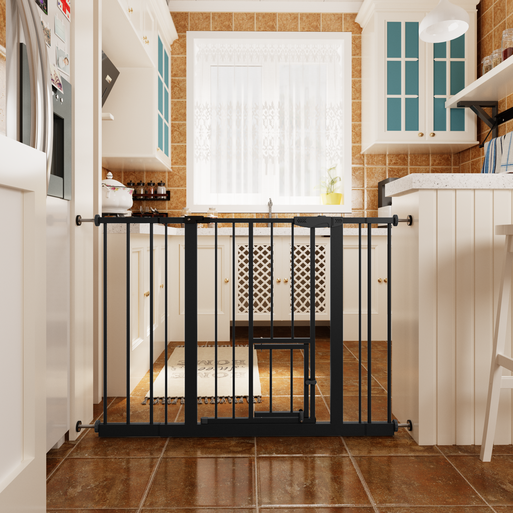 Baby Gate with Cat Door, 29.5-44.1' Metal Pet Door for Stairs & Doorways,Pressure Mounted,No Tools Needed, Black | Premium Ho