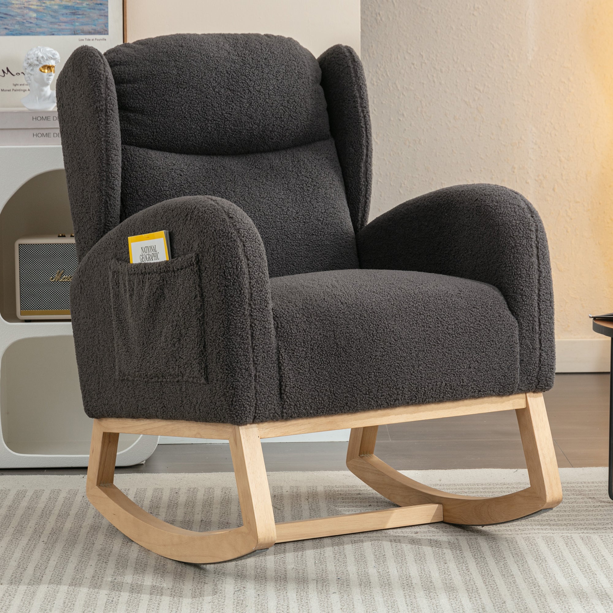 049-Teddy Fabric Rocking Chair With Packet Wood Legs,Dark Gray - Grand Goldman Shop