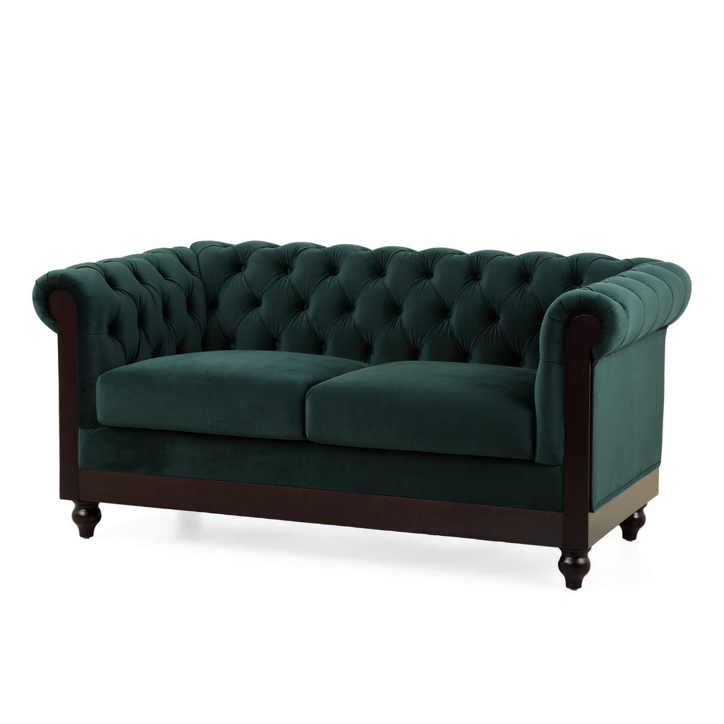 VIVALUX Chesterfield Velvet Loveseat Sofa 2-Person Rolled Arm Upholstered Couch Forest Green 59.44' - Grand Goldman Shop