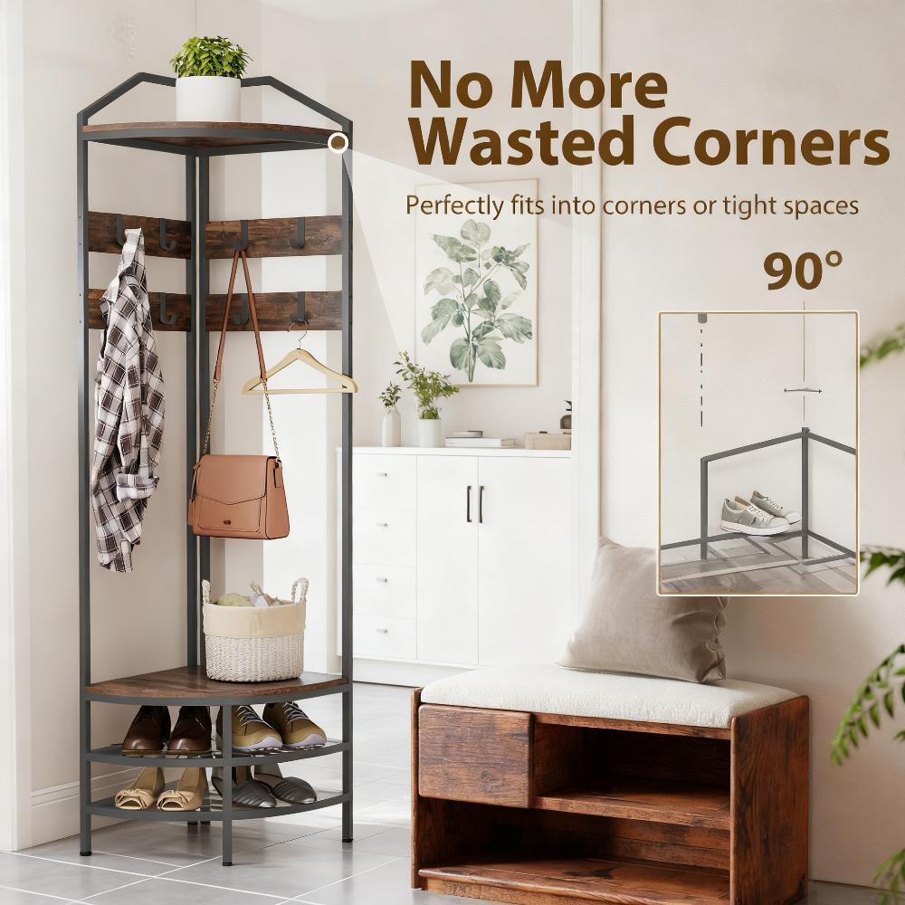 Coat Rack Corner Hall Tree, Industrial 4-Tier Coat Rack with Shoe Storage, 8 Movable Hooks and 2 Shelves - Grand Goldman Shop