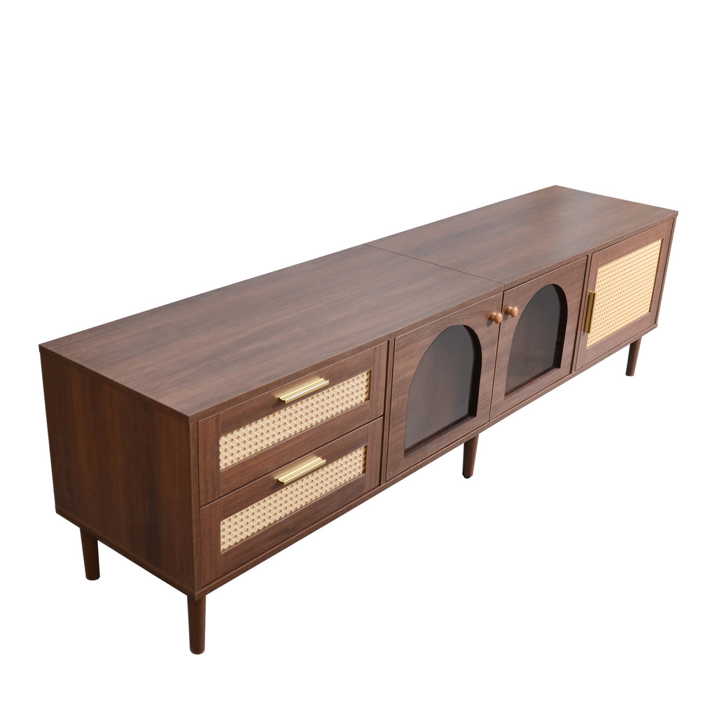 Dark Brown Rattan-inspired TV Stand with 3 Cabinets & 2 Drawers, LED Light Media Console for TVs up to 80'', MDF & Solid Wood Construction - Grand Goldman Shop