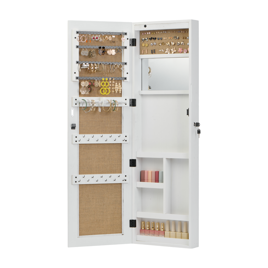 White Solid Wood Jewelry Armoire Organizer with Full-Length Mirror, Wall-Mounted Lockable Cabinet with LED Light, 47.5x14.3 in - Grand Goldman Shop