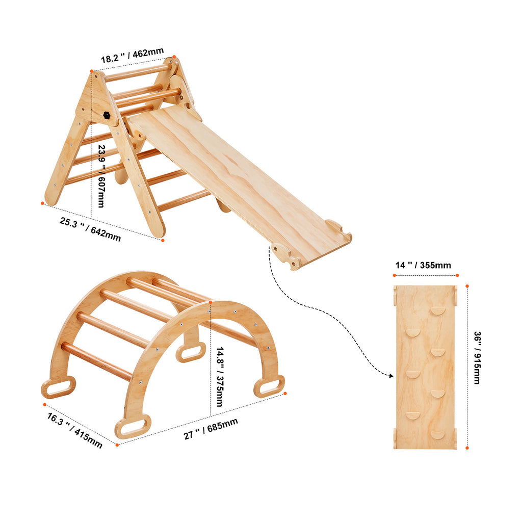 Pikler Triangle Set, 5 in 1 Toddler Climbing Toys Indoor Playground, Ramp, and Arch, Montessori Climbing Set with Triangle, M