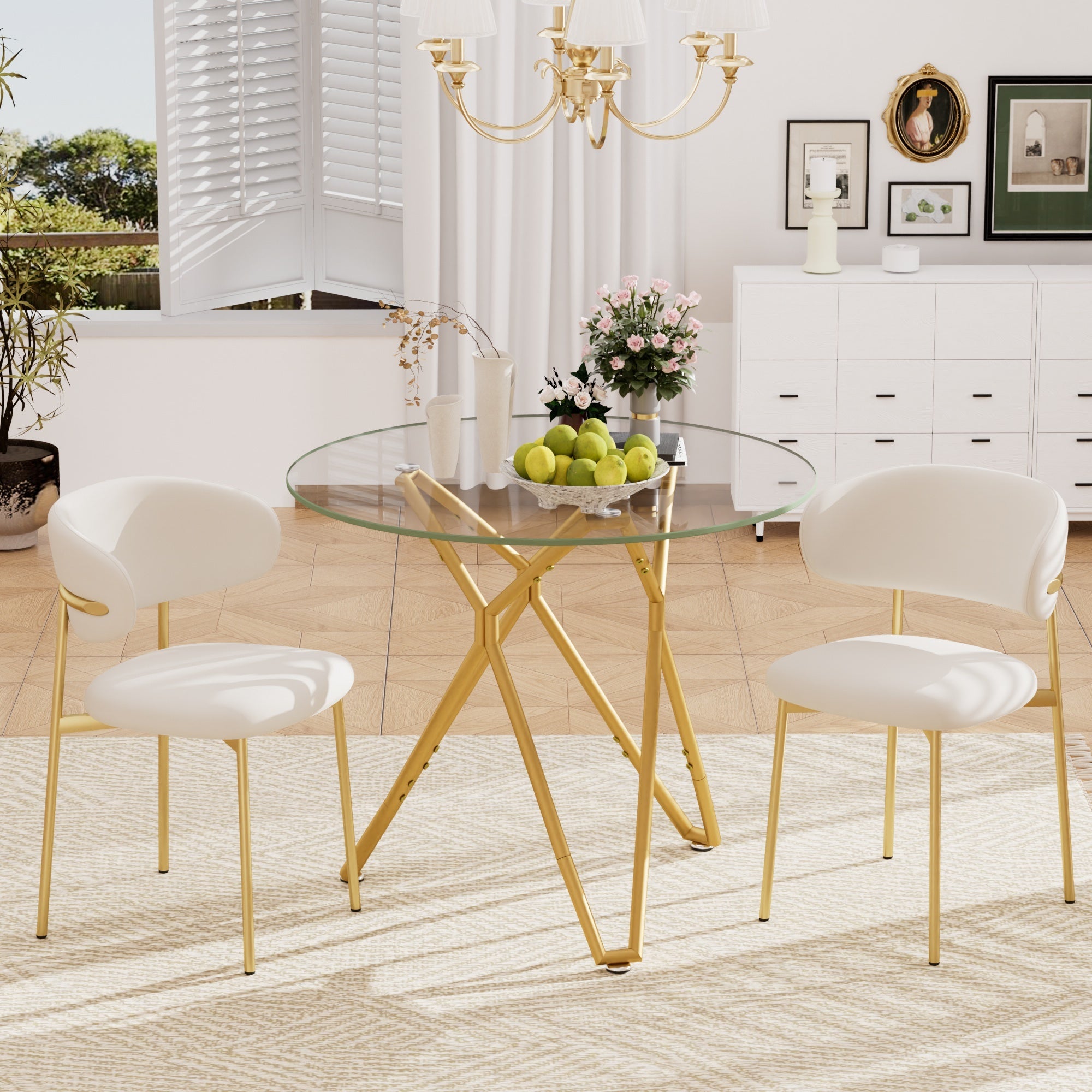 35.4-inch round tempered glass dining table, suitable for 1-4 people, space-saving small kitchen dining table, equipped with sturdy metal table legs, suitable for dining room, living room,Gold - Grand Goldman Shop
