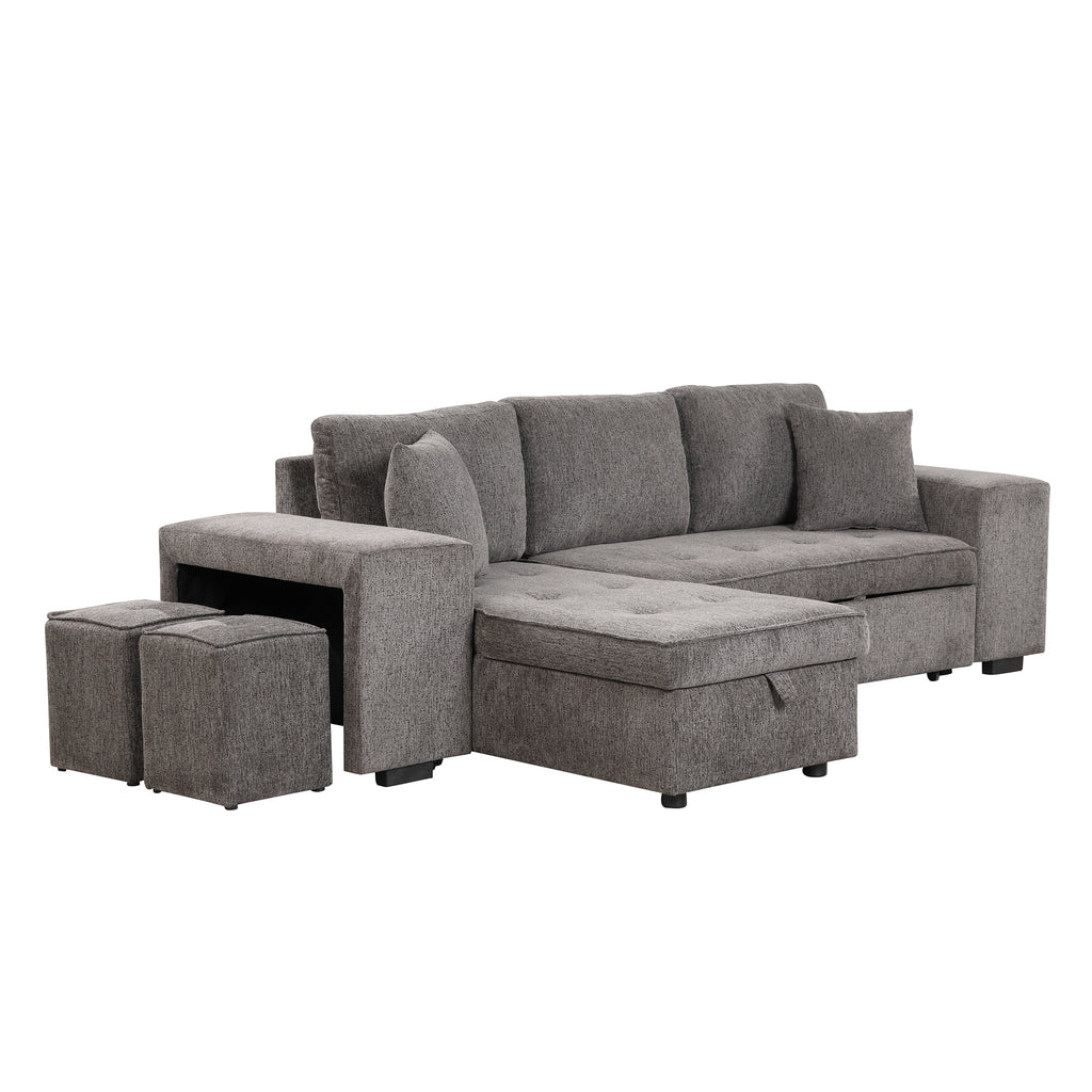 104.5' Modern L-Shape 3 Seat Reversible Sectional Couch, Pull Out Sleeper Sofa with Storage Chaise and 2 Stools for Living Room Furniture Set,Knox Charcoal (old sku:SG000431AAA) - Grand Goldman Shop