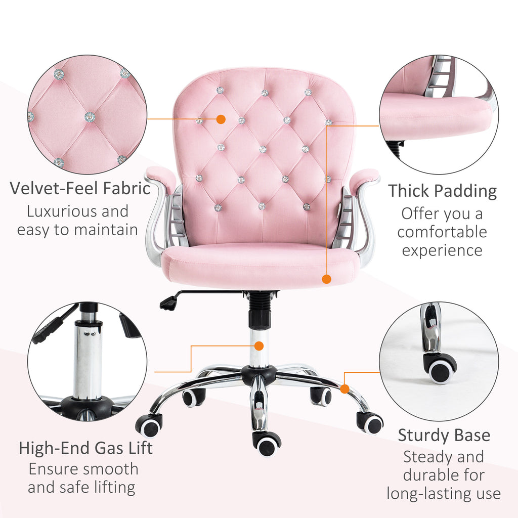 Vinsetto Velvet Home Office Chair, Button Tufted Desk Chair with Padded Armrests, Adjustable Height and Swivel Wheels, Pink -