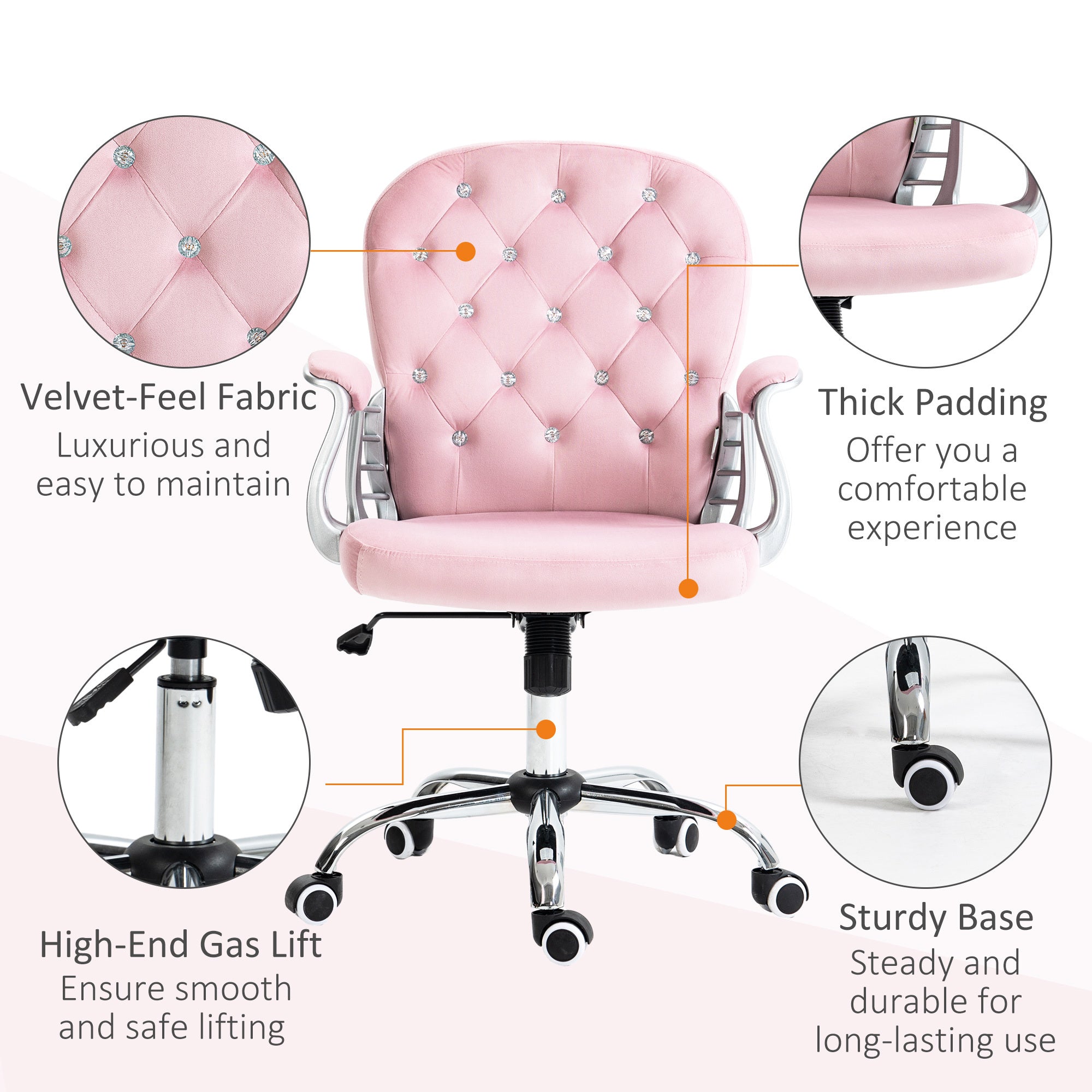 Vinsetto Velvet Home Office Chair, Button Tufted Desk Chair with Padded Armrests, Adjustable Height and Swivel Wheels, Pink -