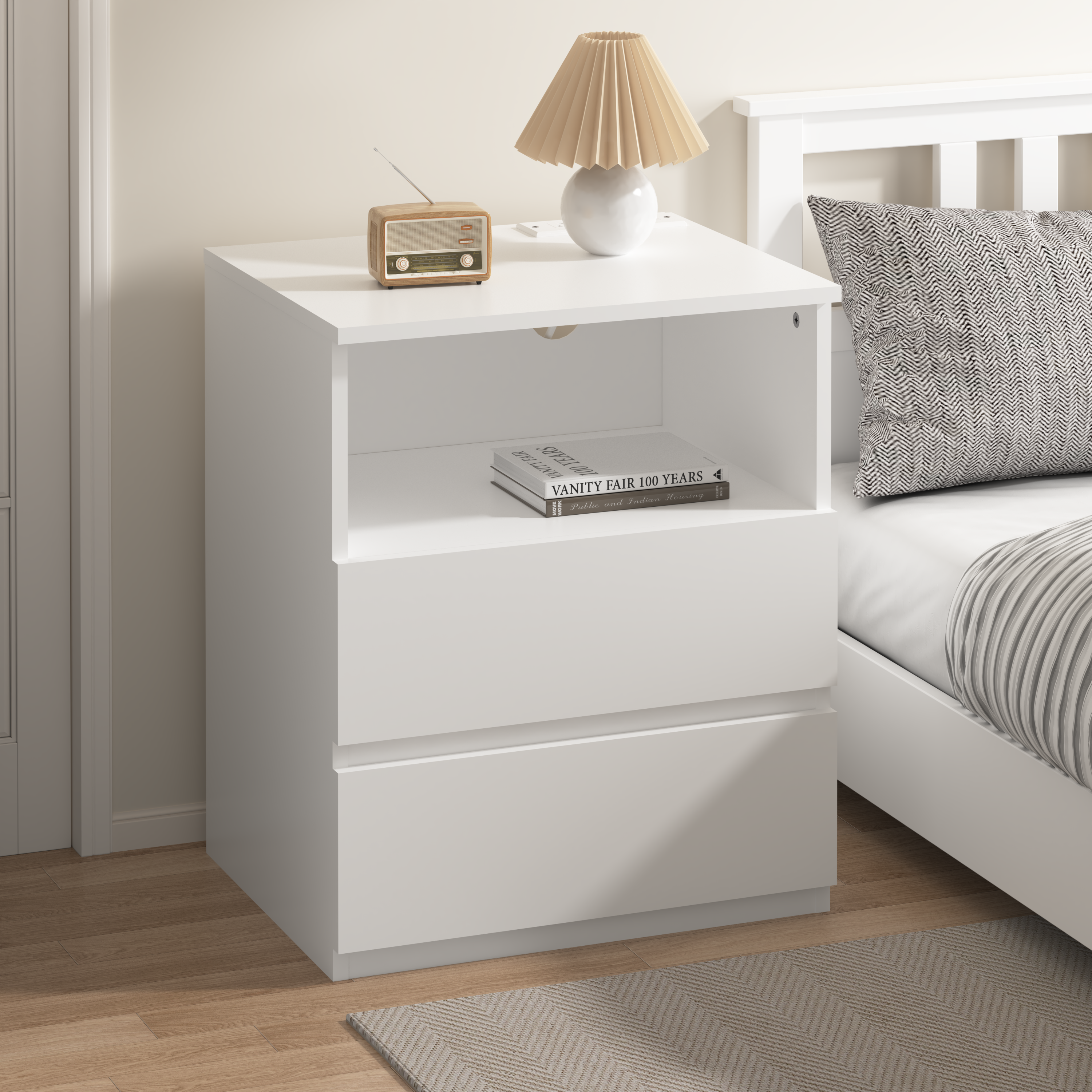 (Set of 2)End Table with Fast USB C Charging Station, Sofa Side Table with 2 Drawers, Large Storage Modern Wood Storage Cabinet for Living Room,Bedroom,Office, White - Grand Goldman Shop