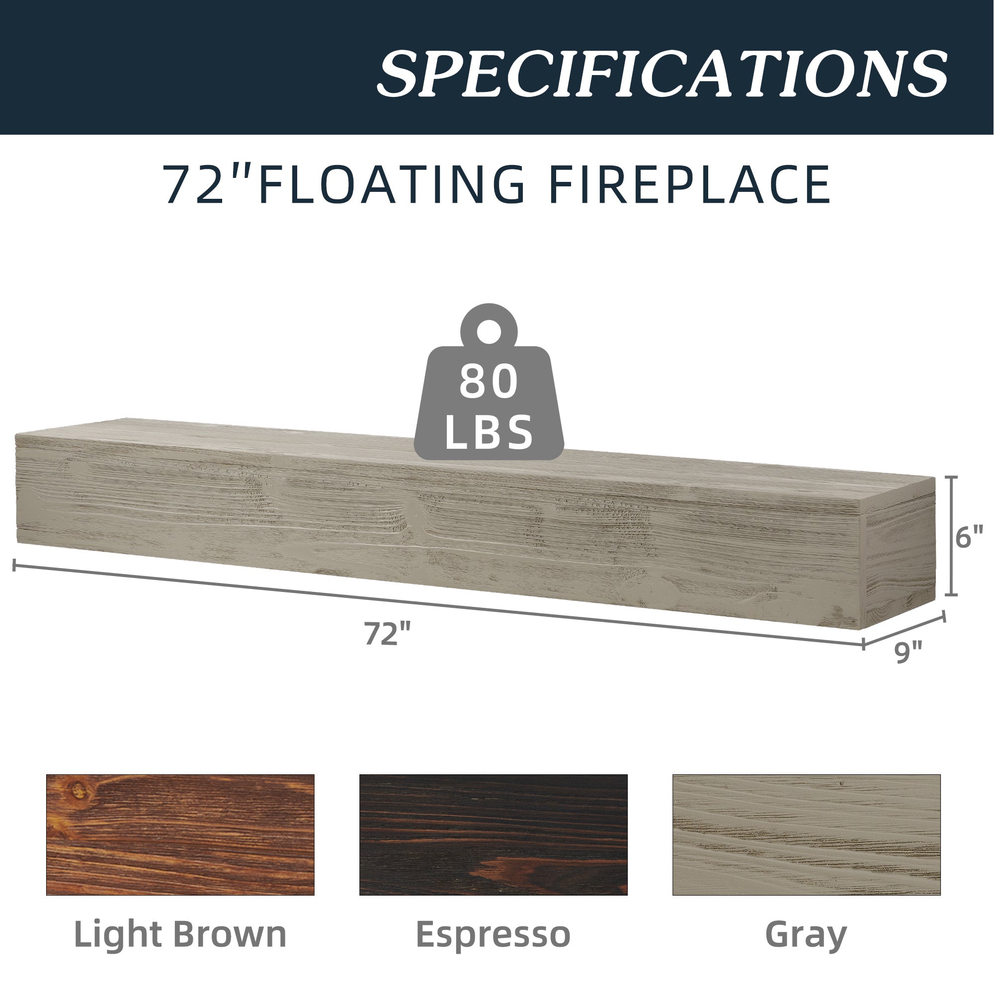 Rustic Wood Fireplace Mantel, Wall-Mounted & Floating Shelf for Home Decor, Gray, Solid Wood, 72 Inch - Grand Goldman Shop
