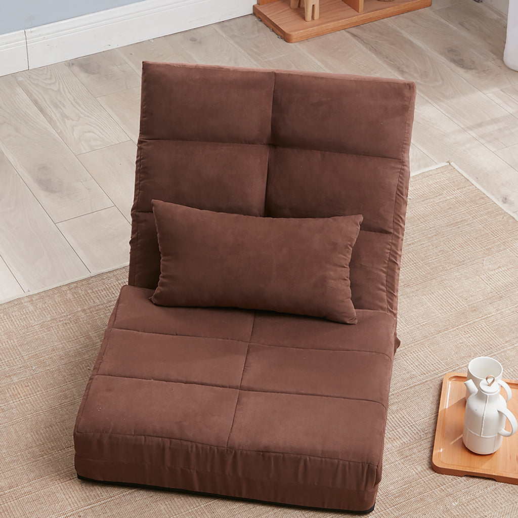 Modern Triple Fold-Down Brown Metal Frame Sofa Bed with 5 Reclining Positions and Pillow – Adjustable Upholstered Floor Couch for Gaming or Guest Room - Grand Goldman Shop