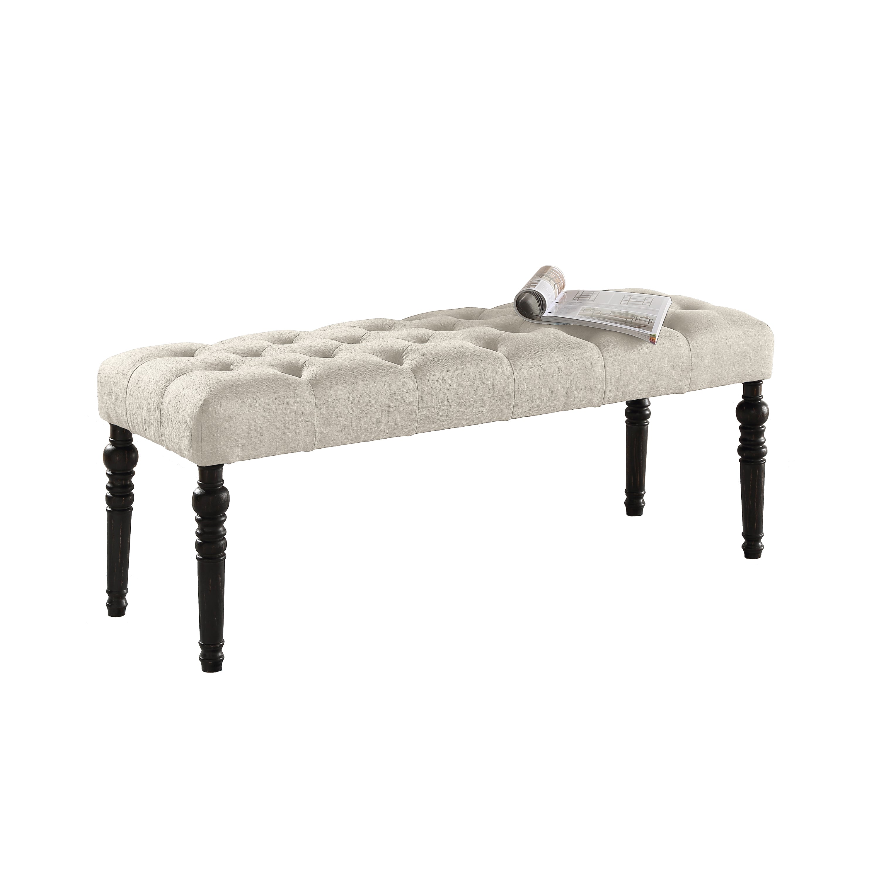 Leviton Fabric Tufted Turned Leg  Dining Bench, Tan - Grand Goldman Shop