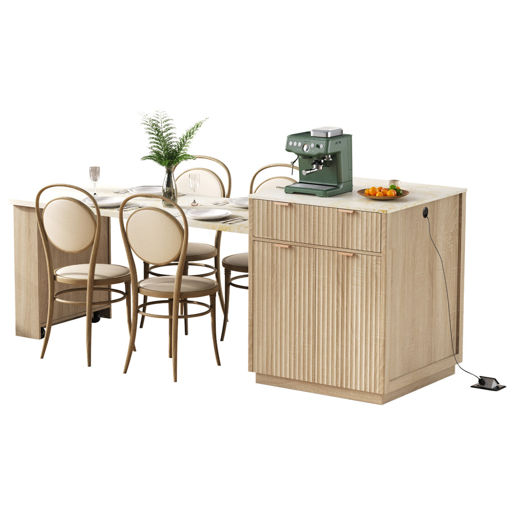 K&K 82.6' Fluted Kitchen Island with Extendable Dining Table for 4-6, Island Table for Kitchen with Power Outlet, Kitchen Table with Double-Side Storage, 2 Drawers 2 Side Open Shelves, Natural - Grand Goldman Shop