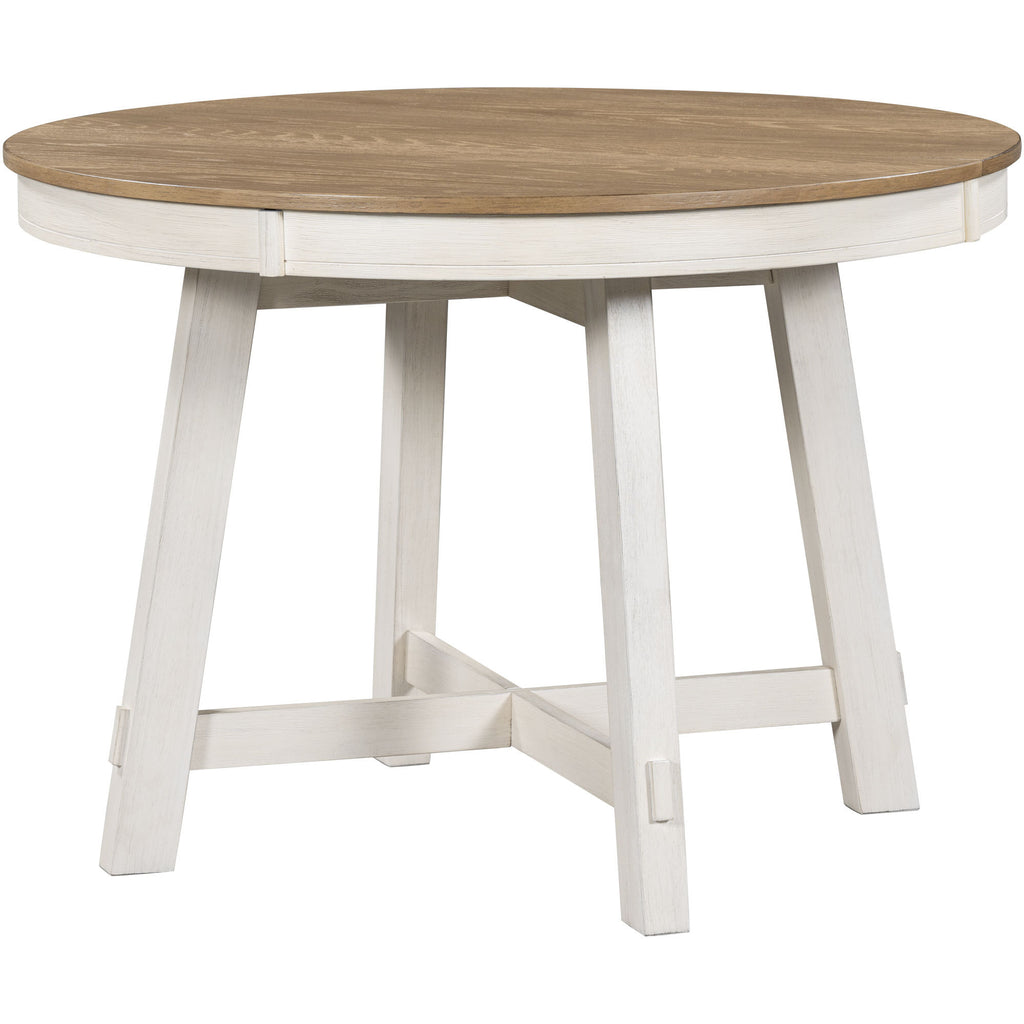TREXM Farmhouse Round Extendable Dining Table with 16' Leaf Wood Kitchen Table (Oak Natural Wood + Antique White) - Grand Goldman Shop
