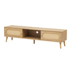 Boho TV Stand for TVs up to 80'', Modern Farmhouse Media Console with Solid Wood Legs, Natural Wood Finish, MDF Cabinet, 70.8''L x 15.7''W x 17.7''H - Grand Goldman Shop