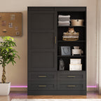 Tall Bedroom Armoire Wardrobe Closet Clothing Storage Cabinet with Hanging Rod Barn Door Drawers Open Shelves - Grand Goldman Shop
