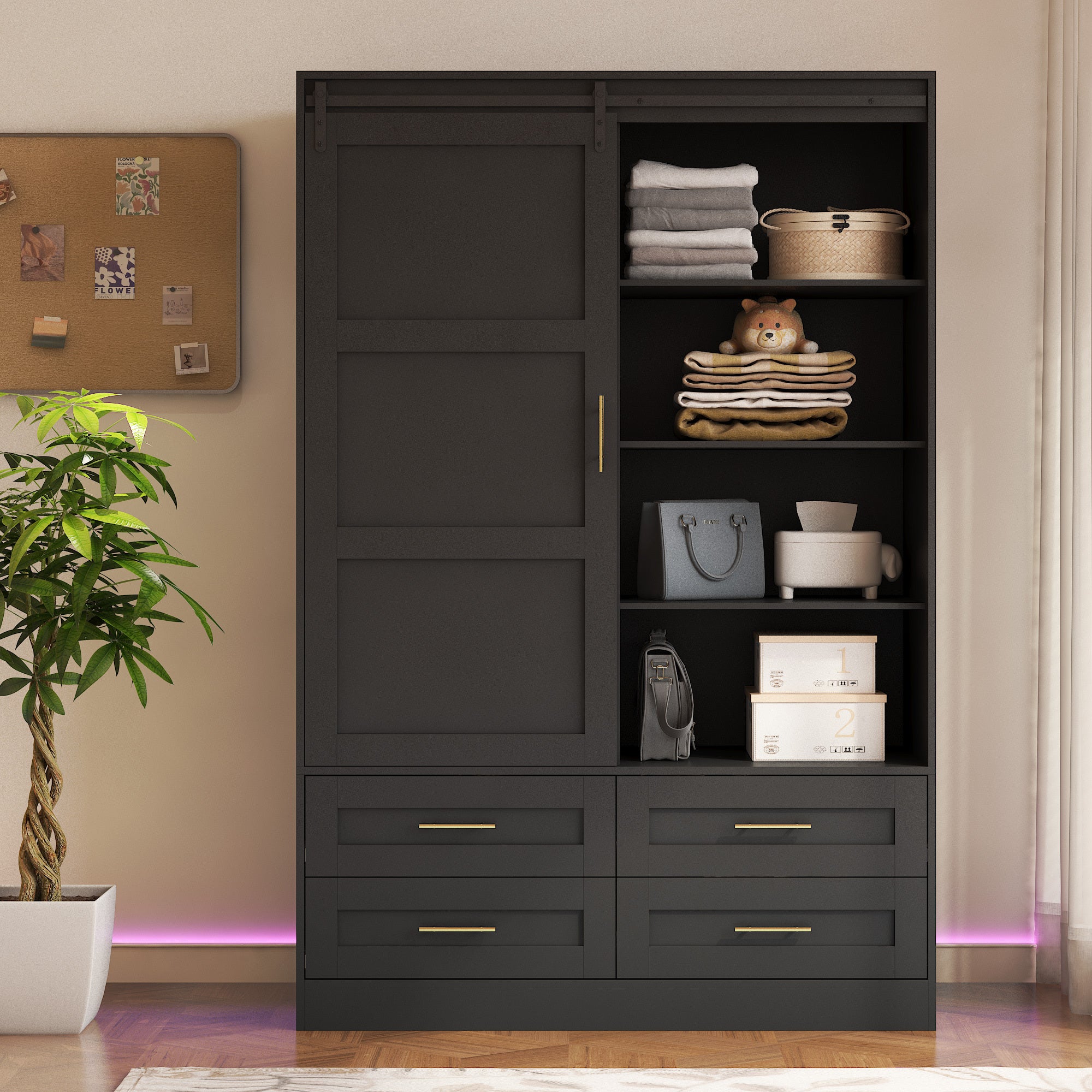 Tall Bedroom Armoire Wardrobe Closet Clothing Storage Cabinet with Hanging Rod Barn Door Drawers Open Shelves - Grand Goldman Shop