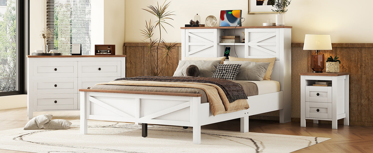 3-Pieces Bedroom Sets Full Size Farmhouse Platform Bed with Double Sliding Door Storage Headboard and Charging Station, Storage Nightstand and Dresser, White+Brown(Old SKU HL000091AAK) - Grand Goldman Shop