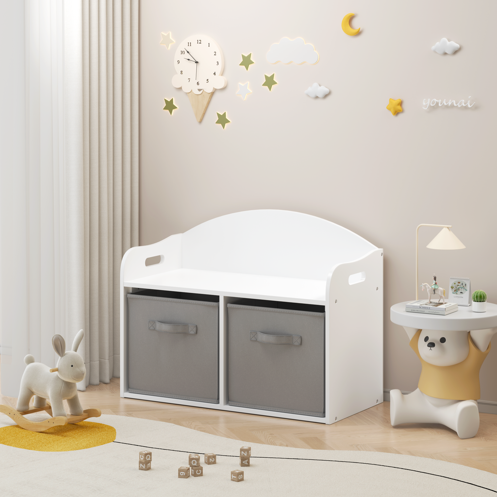 Kids Wooden Toy Box Bench with Collapsible Fabric Drawers, White MDF Storage Cabinet Organizer, 24.6 x 11.8 x 19.1 inches | P