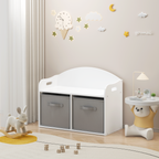 Kids Wooden Toy Box Bench with Collapsible Fabric Drawers, White MDF Storage Cabinet Organizer, 24.6 x 11.8 x 19.1 inches | P