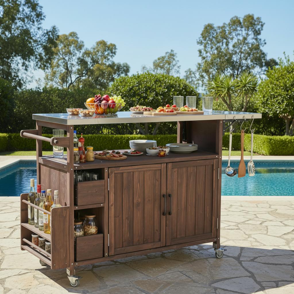 54.33' Farmhouse Rolling Outdoor Kitchen Cart, Solid Wood Frame with Stainless Steel Top, Spice Rack, Towel Rack, Lockable Wheels & Multi-Functional Storage for Patio, Backyard BBQ & Kitchen - Grand Goldman Shop