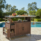 54.33' Farmhouse Rolling Outdoor Kitchen Cart, Solid Wood Frame with Stainless Steel Top, Spice Rack, Towel Rack, Lockable Wheels & Multi-Functional Storage for Patio, Backyard BBQ & Kitchen - Grand Goldman Shop