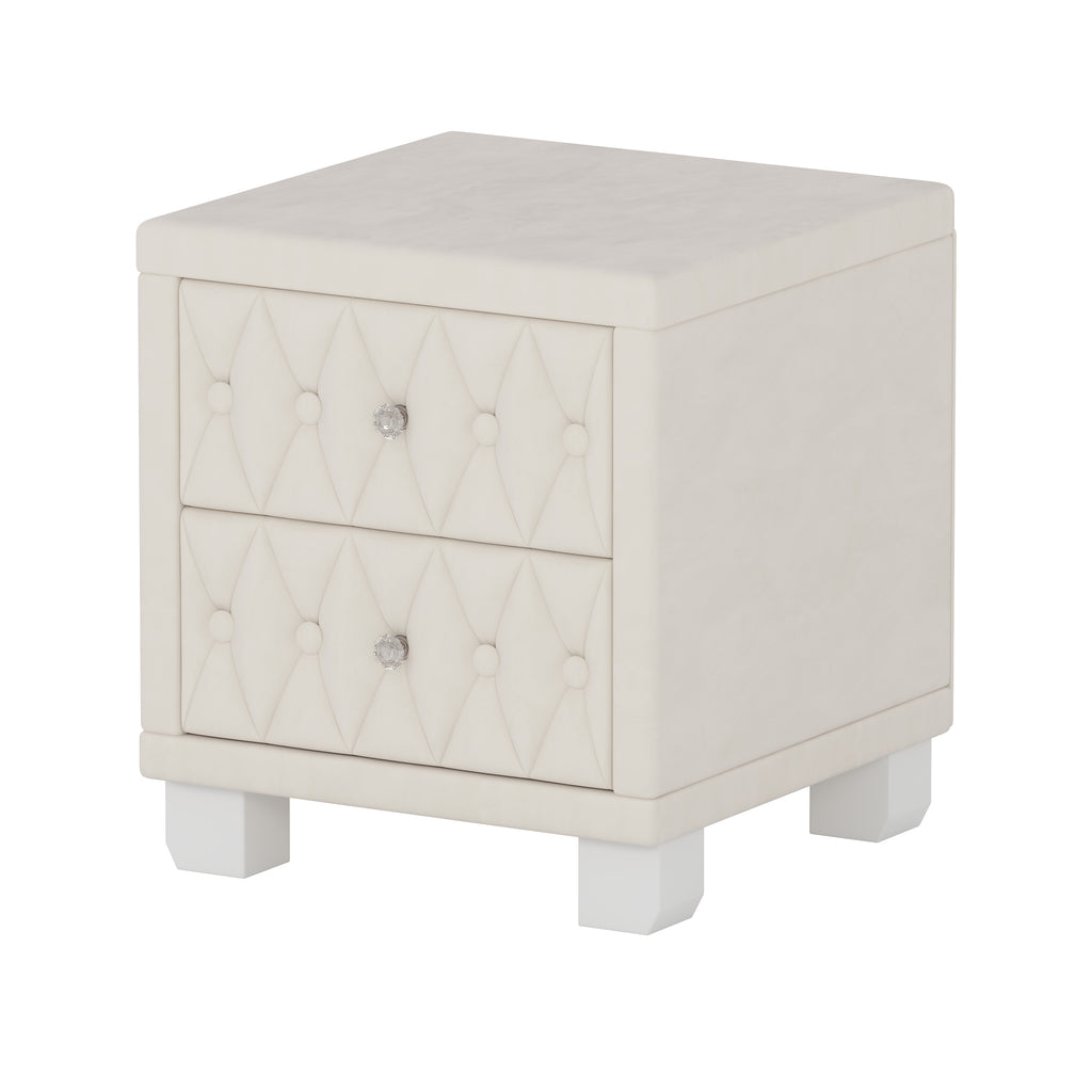 Elegant Velvet Nightstand with 2 Drawers and Crystal Handle, Storage Bedside Table with Button-Tufted, Beige - Grand Goldman Shop