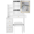 29.2' Small Size Left Bedside Cabinet Vanity Table + Cushioned Stool, 2 AC+2 USB Power Station, Hair dryer bracket, Extra Large Touch Control Sliding LED Mirror, Tri-color Switching, Brightness Adjust - Grand Goldman Shop