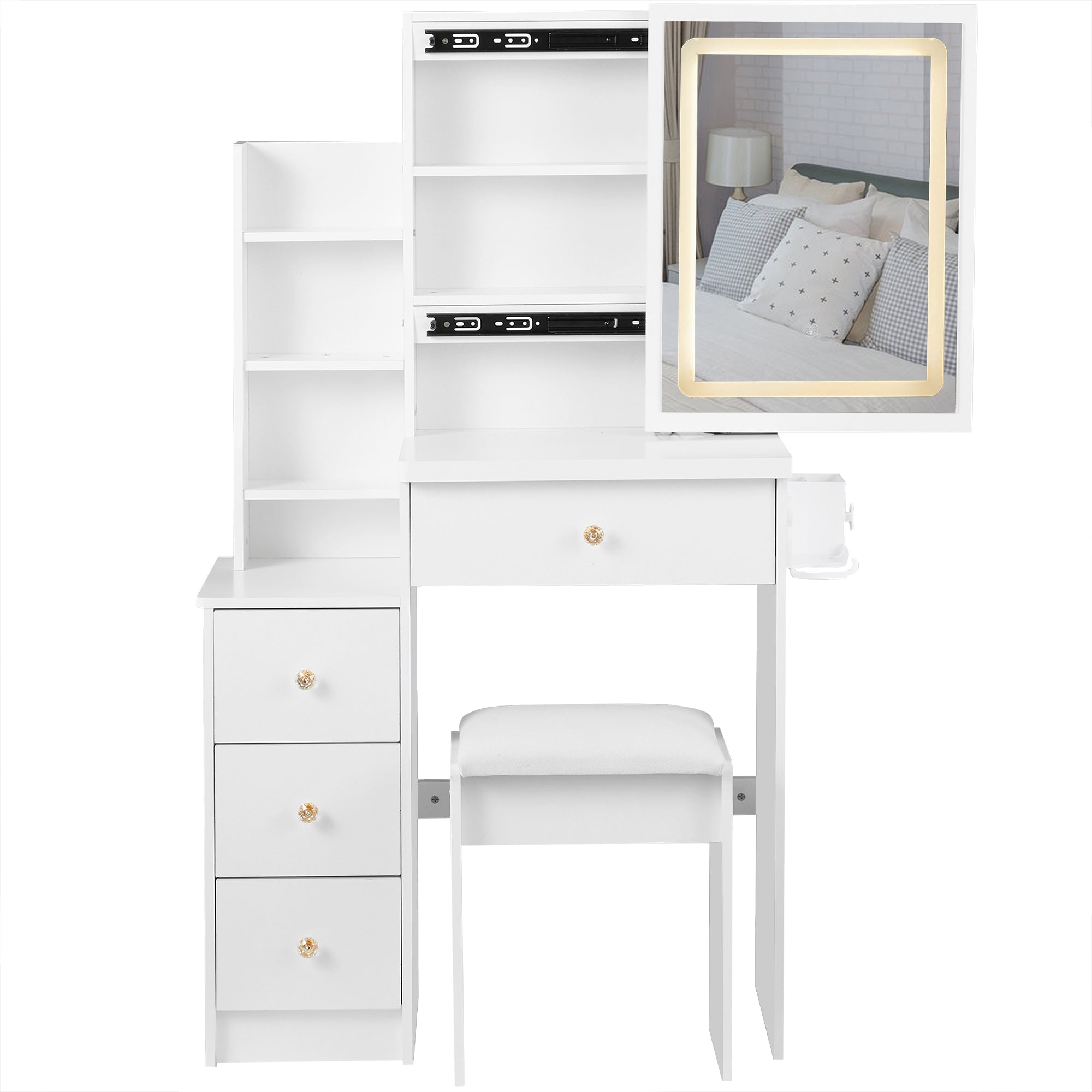 29.2' Small Size Left Bedside Cabinet Vanity Table + Cushioned Stool, 2 AC+2 USB Power Station, Hair dryer bracket, Extra Large Touch Control Sliding LED Mirror, Tri-color Switching, Brightness Adjust - Grand Goldman Shop