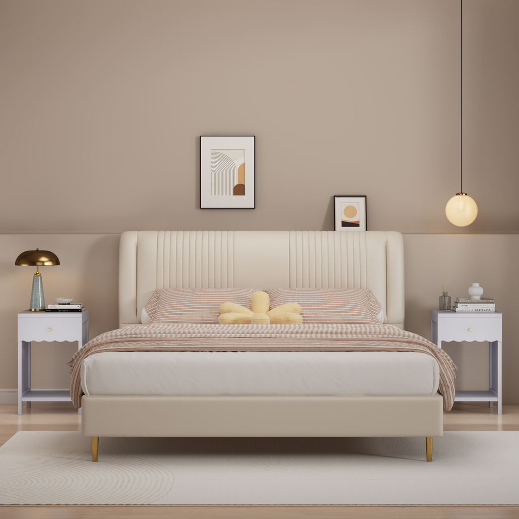 Modern Nightstand with Drawer and Open Shelf, Scalloped Edge Bedside Table in Light Purple, Minimalist Side Table for Kids Room or Girls' Room, Engineered Wood, 16.93 x 14.96 x 26.77 inches - Grand Goldman Shop
