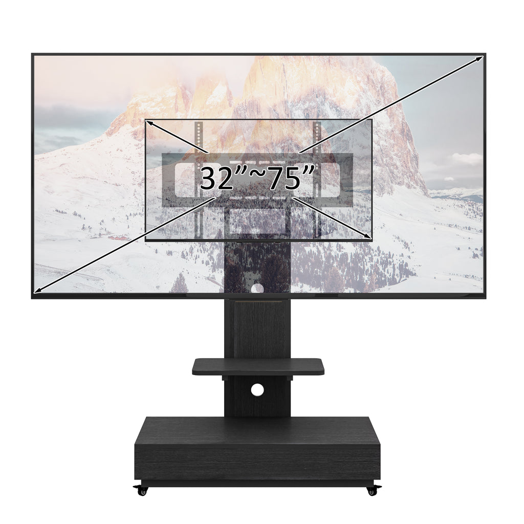Mobile TV Cart with Push-Pull Drawer for 32-75 Inch TVs, Black MDF and Metal Stand with Lockable Wheels - Grand Goldman Shop