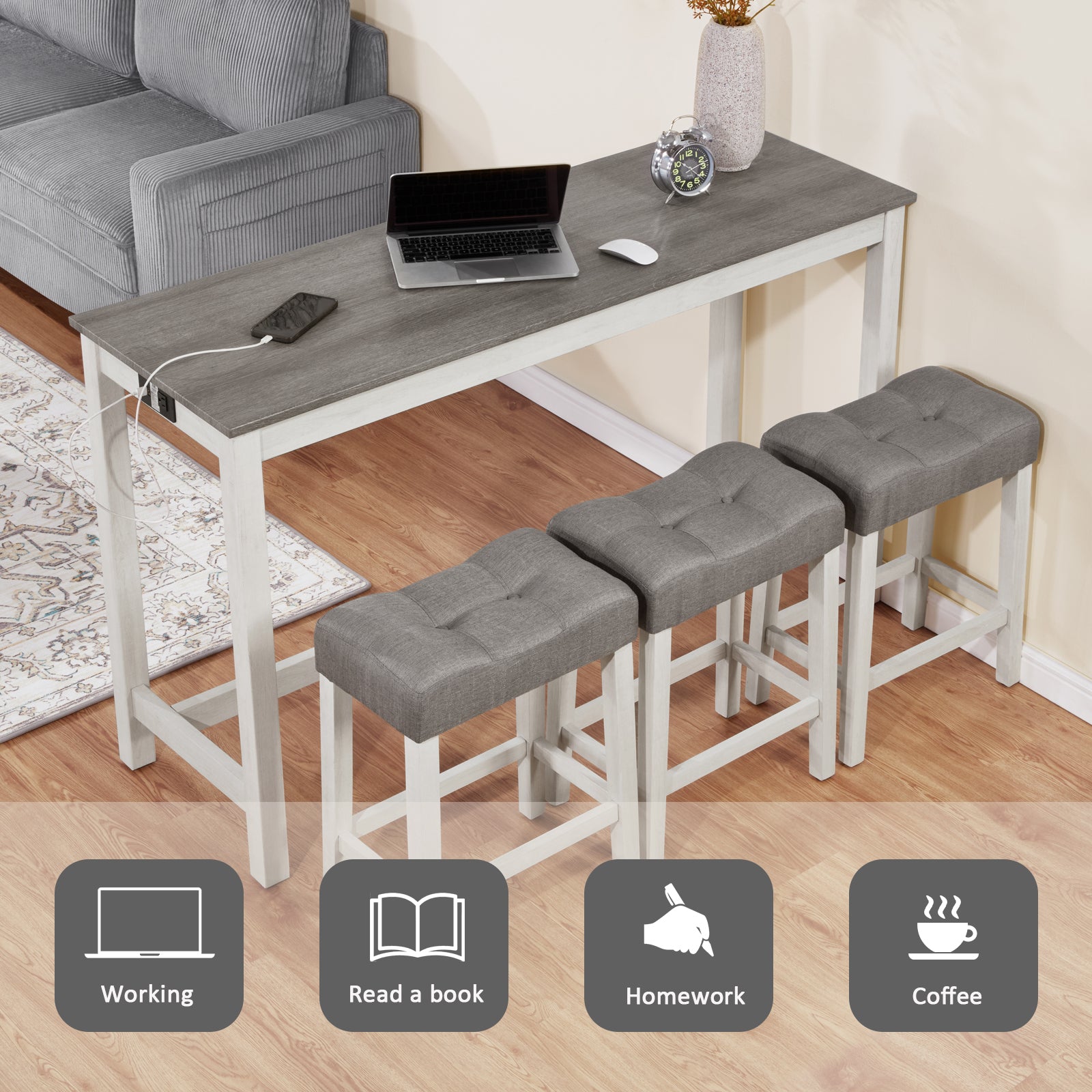 4 Piece Bar Table Set with Power Outlet, Bar Table Set with Chairs, Sofa Bar Table with Stools, Behind Couch Table with 3 Padded Stools, for Living Room, Dining room, White & Grey - Grand Goldman Shop