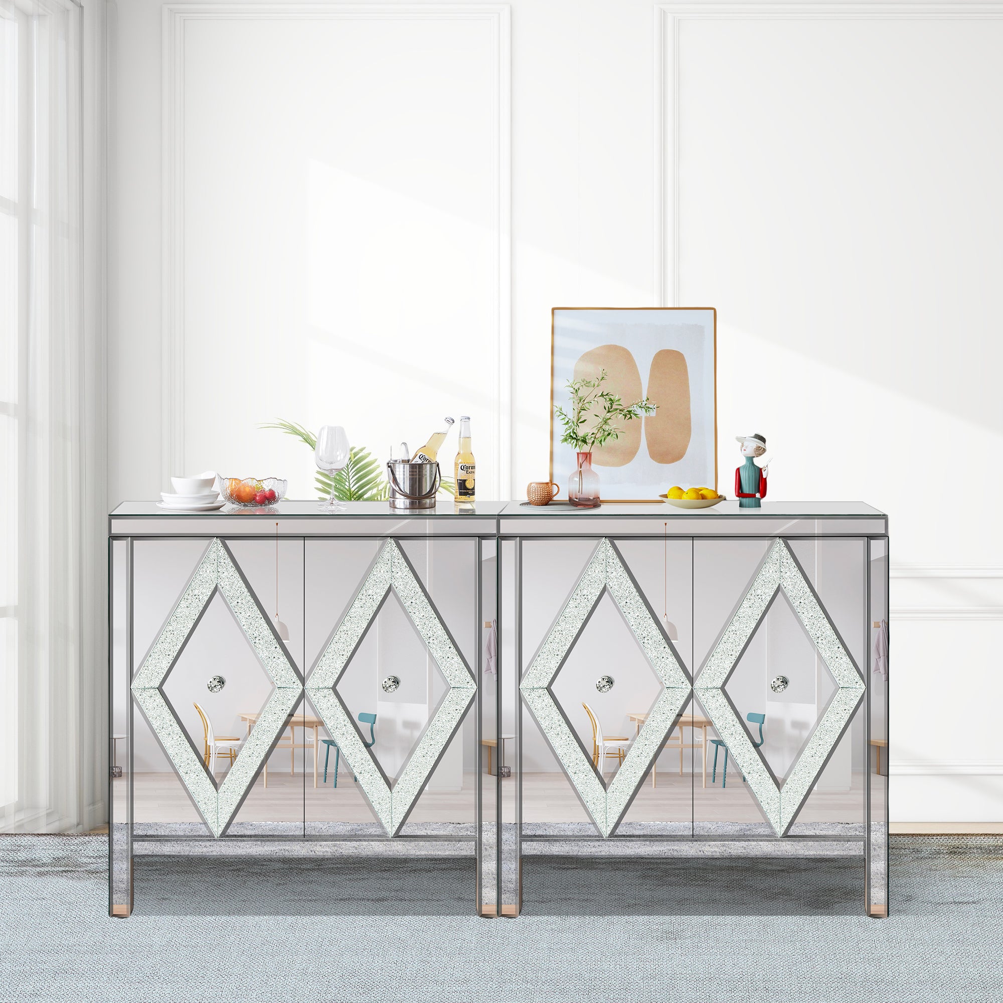 Storage Cabinet With Mirror Trim And Diamond Shape Design  Spliced Combination For Living Room, Dining Room, Entryway, Kitchen - Grand Goldman Shop