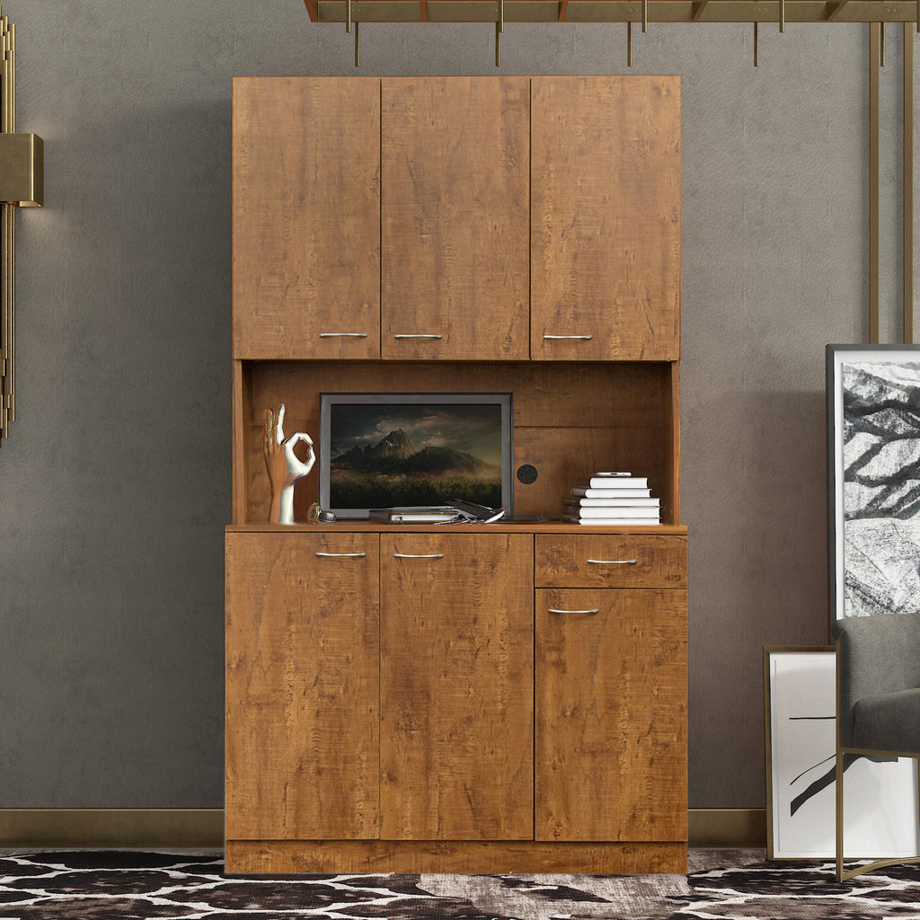 70.87' Tall Wardrobe& Kitchen Cabinet, with 6-Doors, 1-Open Shelves and 1-Drawer for bedroom,Walnut - Grand Goldman Shop
