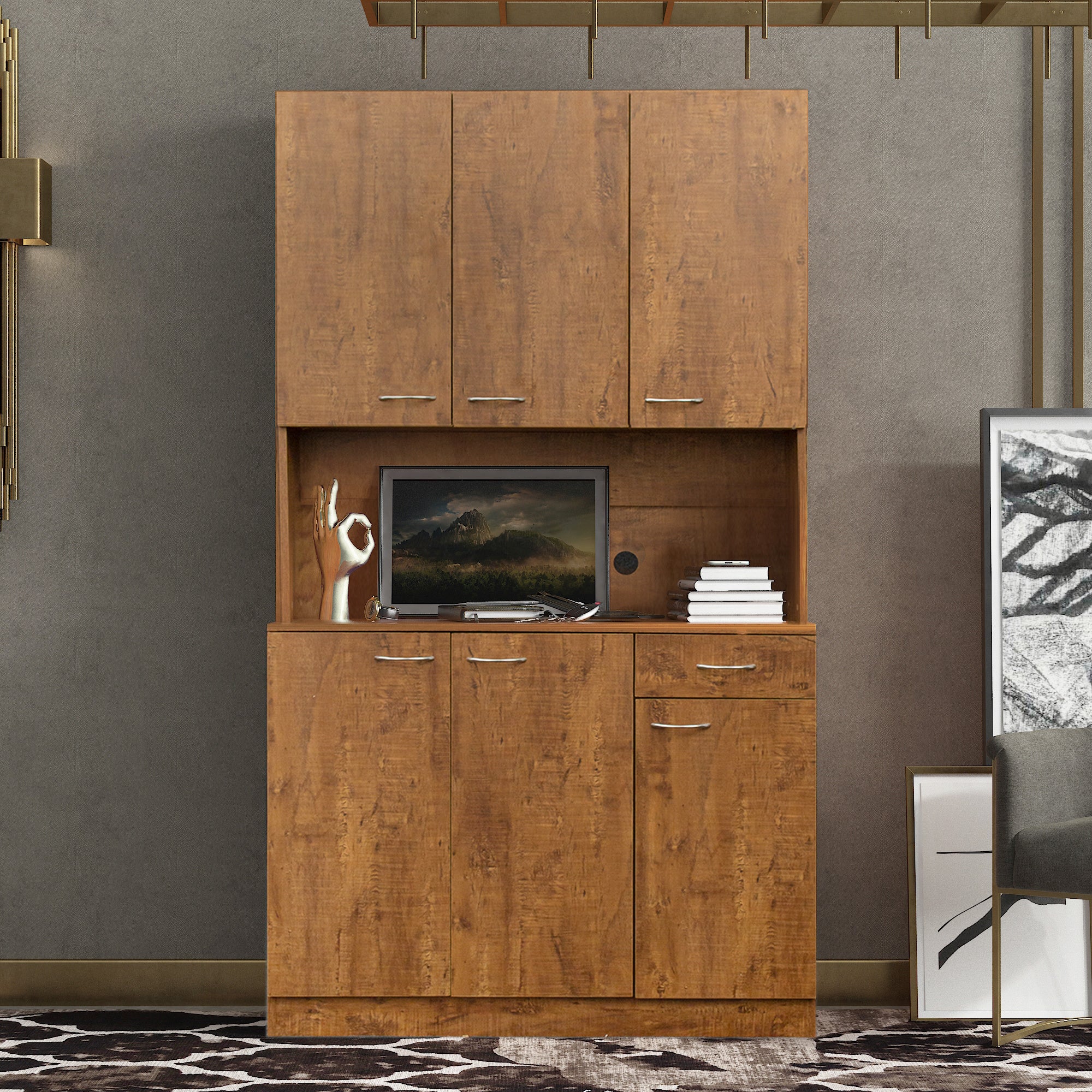 70.87' Tall Wardrobe& Kitchen Cabinet, with 6-Doors, 1-Open Shelves and 1-Drawer for bedroom,Walnut - Grand Goldman Shop