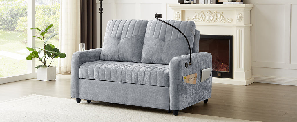 Modern Loveseat Pull-out Sofa Bed with Adjustable Backrest, Cup Holders, Phone Holder, Charging Ports, Side Storage Pockets, Grey Chenille - Grand Goldman Shop