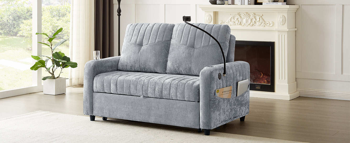 Modern Loveseat Pull-out Sofa Bed with Adjustable Backrest, Cup Holders, Phone Holder, Charging Ports, Side Storage Pockets, Grey Chenille - Grand Goldman Shop