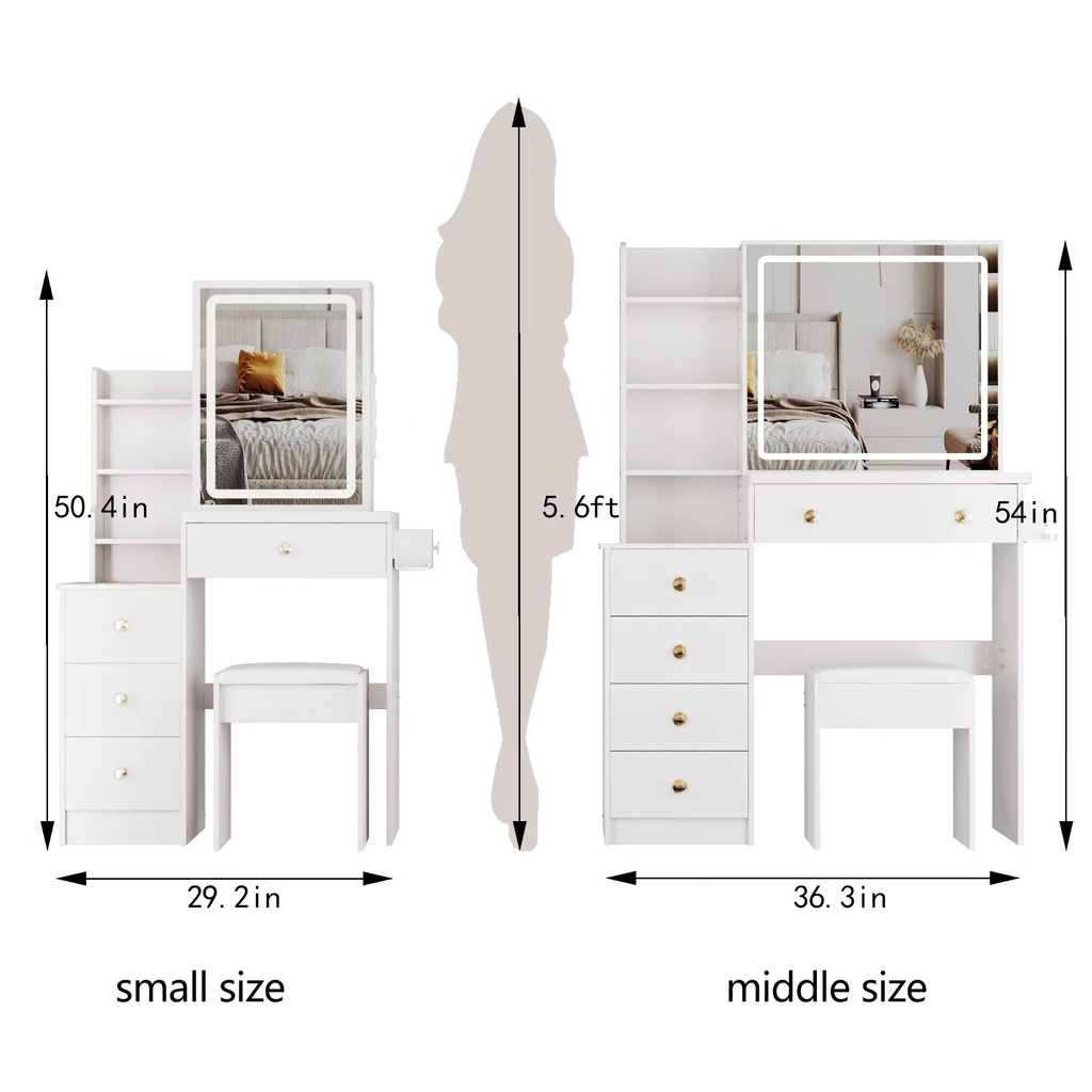 29.2' Small Size Bedside Cabinet Vanity Table + Cushioned Stool, 2 AC+2 USB Power Station, Hair dryer bracket, Extra Large Touch Control Sliding LED Mirror, 3-color Switching, EPA, GCC, UL Certificate - Grand Goldman Shop