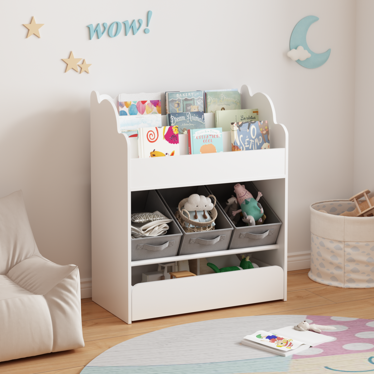 Kids Bookshelf with Storage Bins and Drawer, Multi-Functional Wooden Book Organizer for Toddlers, White Bookcase for Toys, Bo