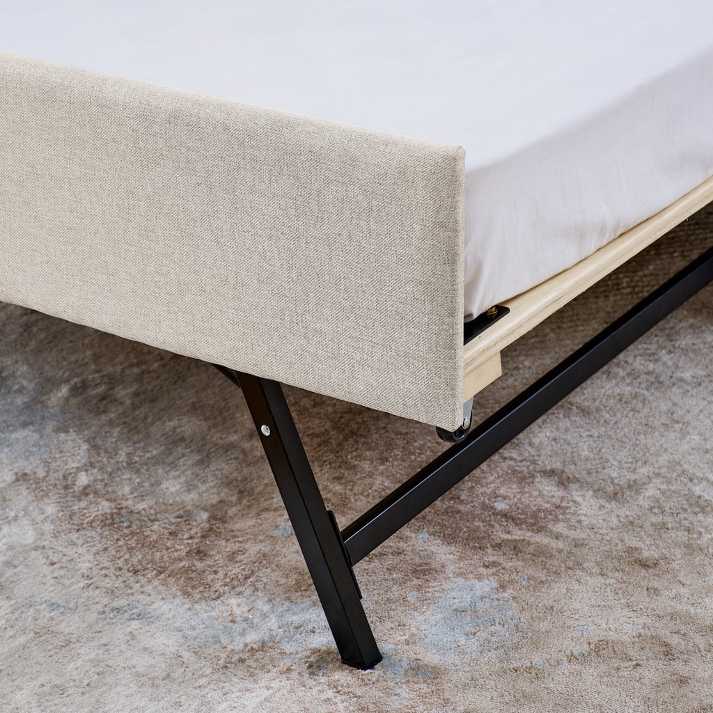 Beige Linen Upholstered Twin Sofa Bed with LED Lights, Wireless Charging, Adjustable Headboard Storage & Foldable Trundle, 80.5''x46''x34'' - Grand Goldman Shop