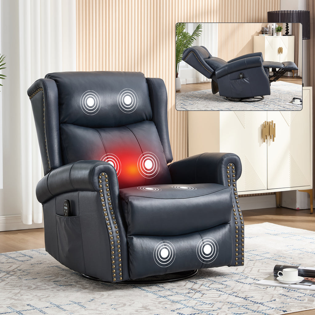 Heat Massage Manual Recliner Chair with Rocker and Swivel in Genuine leather for Living Room, Blue - Grand Goldman Shop