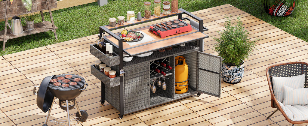 K&K 52.8'W Wicker Outdoor Grill Cart with Extended Plastic Wood Table Top, Rolling Kitchen Island on Wheels with Storage Cabinet, for Patio Backyard Garden Poolside, Double Handle Design, Grey - Grand Goldman Shop