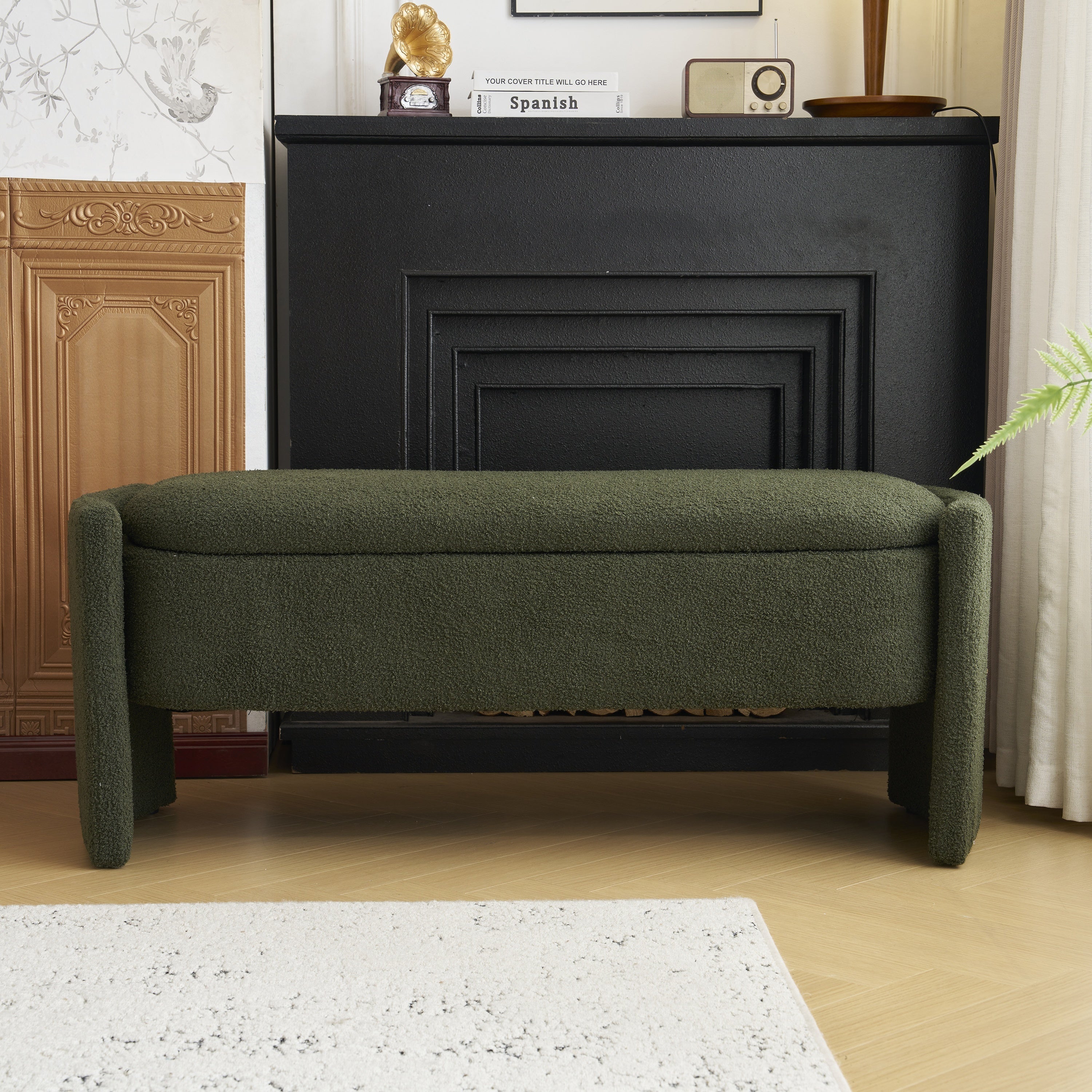 Elegant Long-shaped Storage Ottoman Bench, Boucle Material, Dark Green, Simple and Grand Design - Grand Goldman Shop