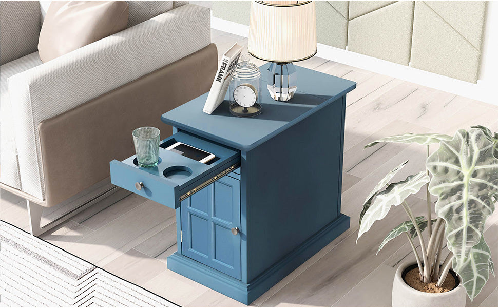 U-Can Classic Vintage Livingroom End Table Side Table with USB Ports and One Multifunctional Drawer with cup holders, Antique Navy (Old SKU: WF296294AAM) - Grand Goldman Shop