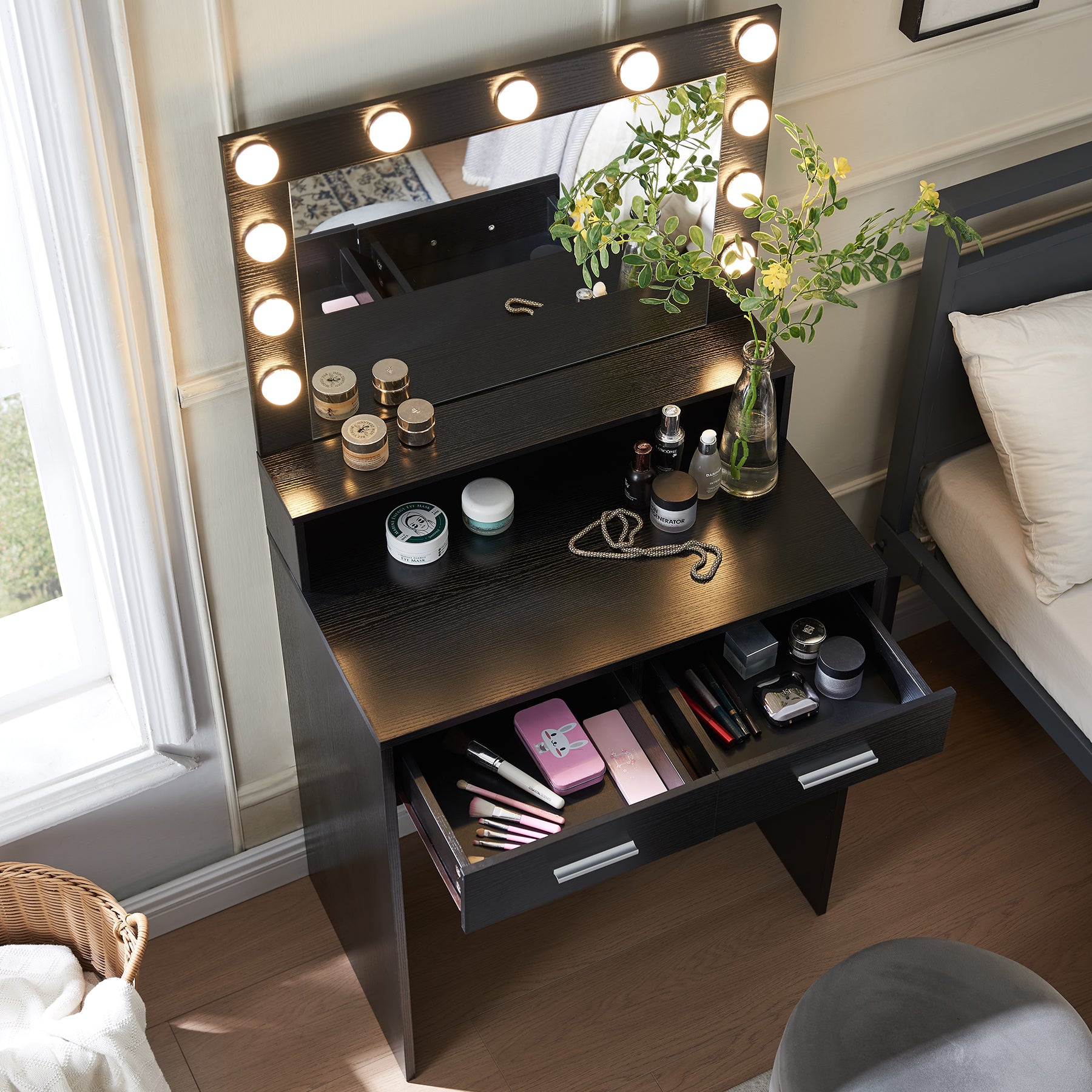 Vanity Desk with Mirror and Lights, Dressing Table with Large Drawer, 2 Level Storage Dresser & 3 Lighting Modes Adjustable Brightness, Suitable for Bedroom(Black) - Grand Goldman Shop