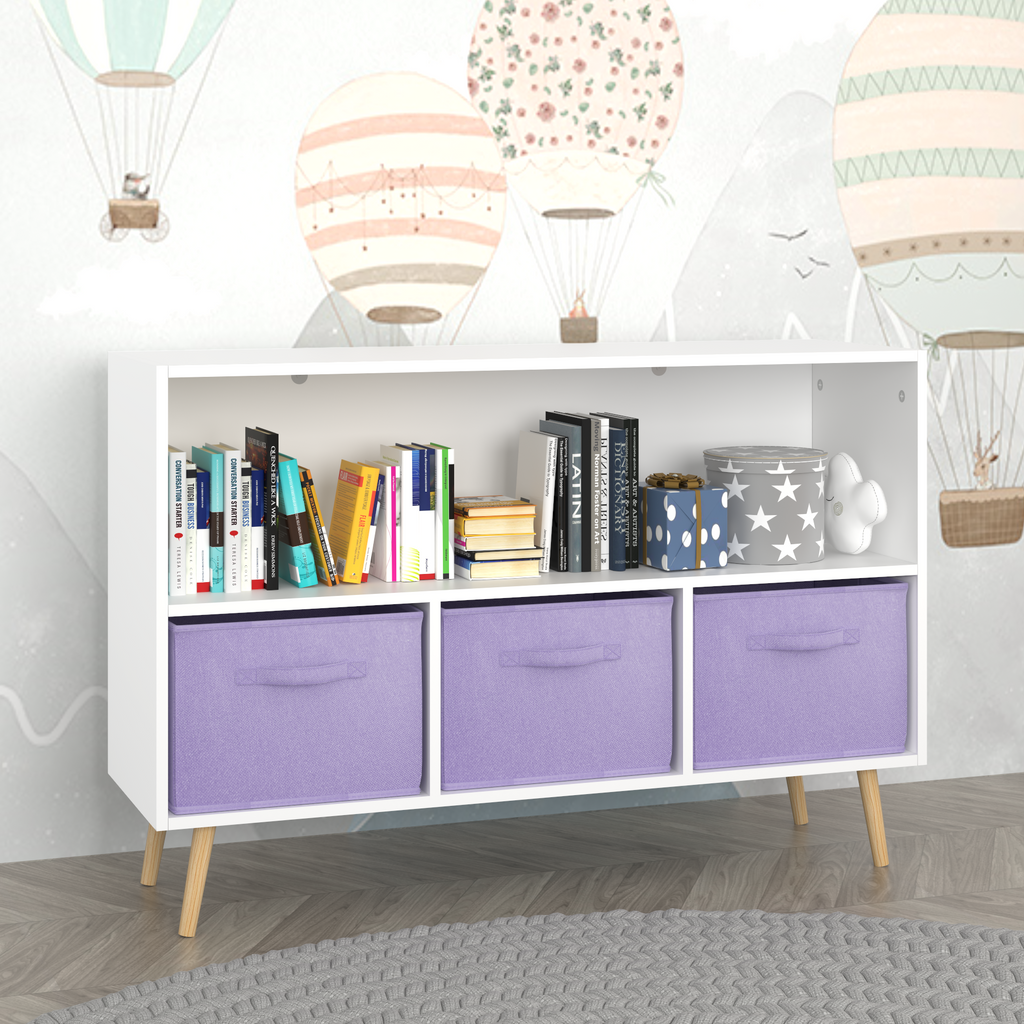 Kids Bookcase with Collapsible Fabric Drawers, Children's Book Display Organizer in White and Purple, MDF with Pine Legs | Pr