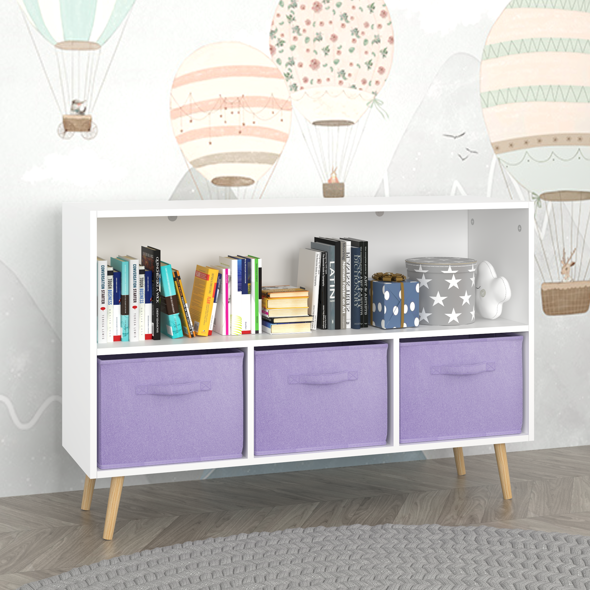 Kids Bookcase with Collapsible Fabric Drawers, Children's Book Display Organizer in White and Purple, MDF with Pine Legs | Pr
