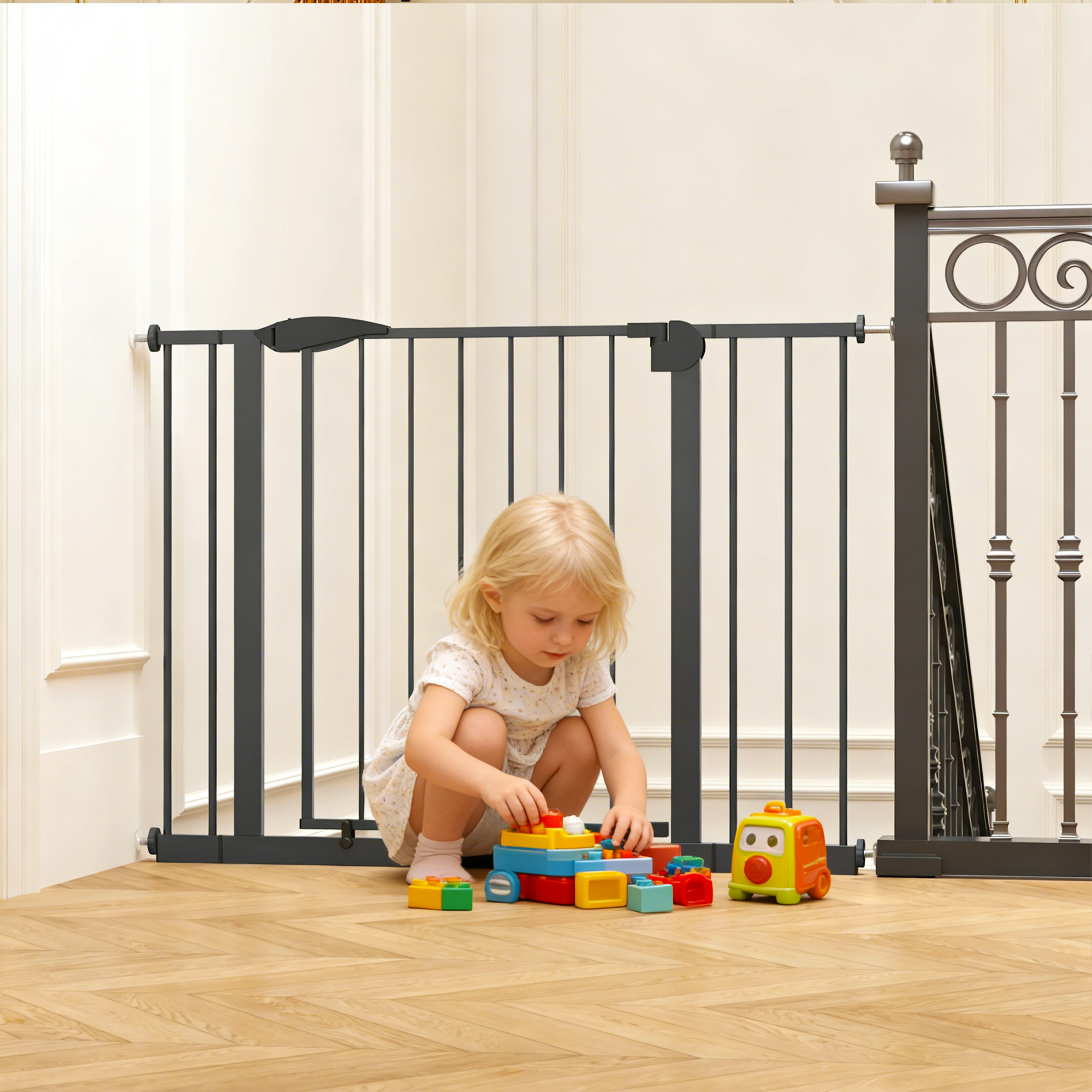 Black Pressure-Mounted Baby Gate for Stairs and Doorways, 29.5-44.1' Wide, Steel and ABS Construction, Easy Walk-Through Safe